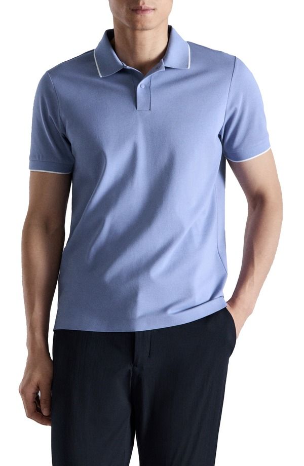 マンゴ メンズ トップス ポロシャツ MANGO Comfort Stretch Tipped Piqu Polo China Blue ブルー