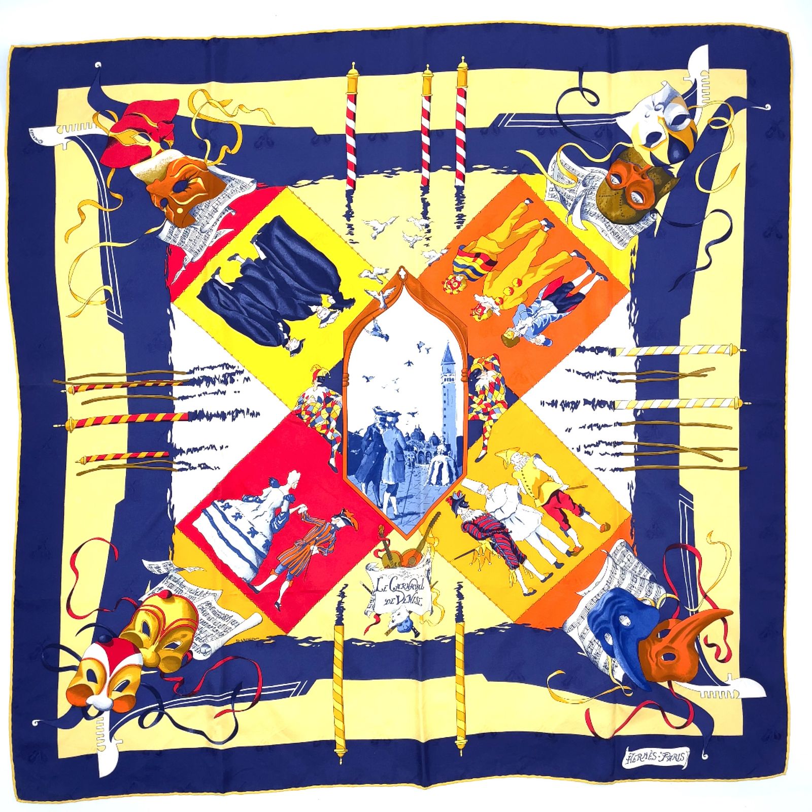 【新着】HERMES カレ90 LE CARNAVAL DE VENISE シルク イエロー、ネイビー、レッド スカーフ