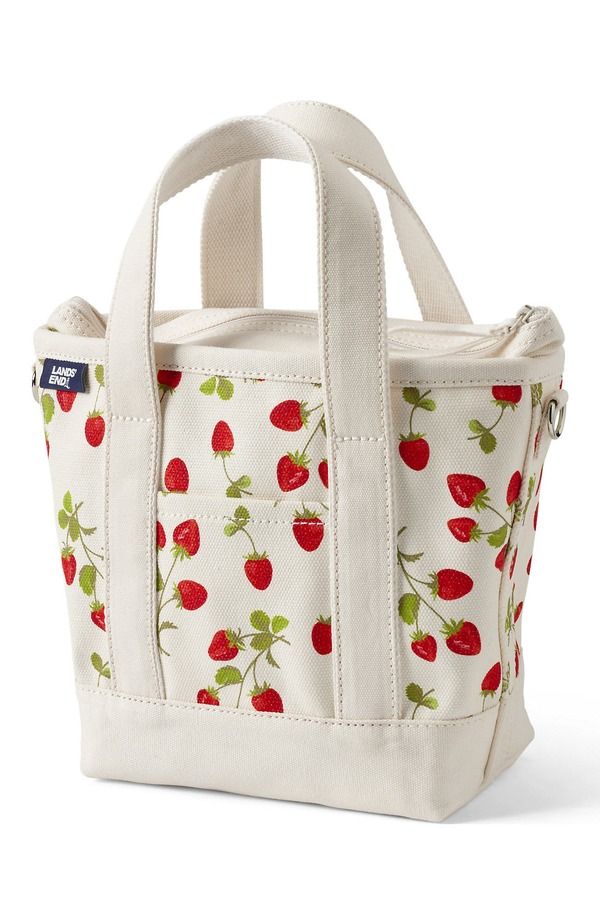 ランズエンド レディース バッグ プリント Lands End Medium Print 5 Pocket Open Top Canvas Tote Bag Red StrawberryNatural