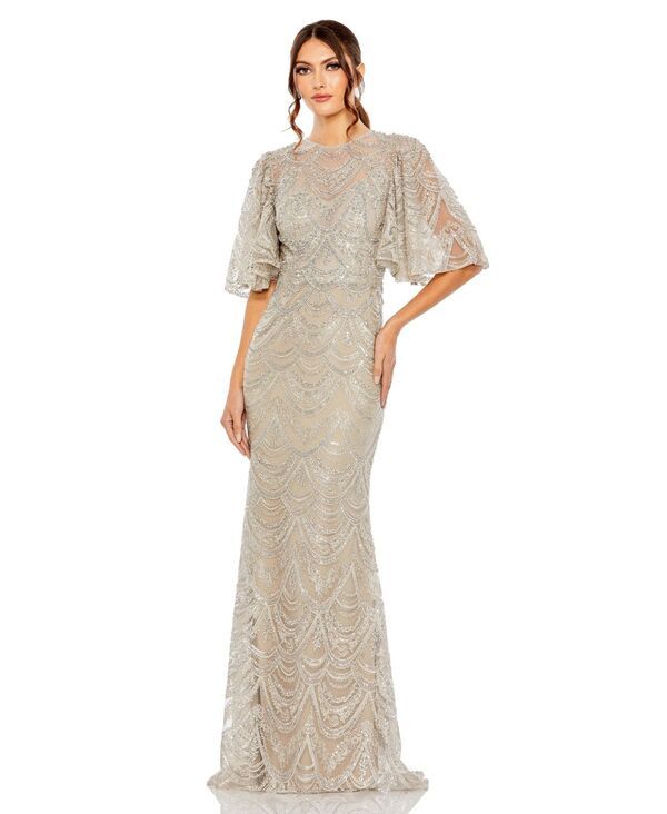 マックダガル レディース トップス ワンピース ハイネック Mac Duggal Womens Embellished Flutter Sleeve High Neck Gown Taupe トープ