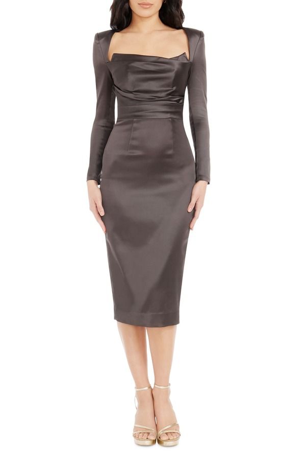 ドレスザポプレーション レディース トップス ワンピース サテン Dress the Population Pamela Long Sleeve Satin Cocktail Dress Mocha