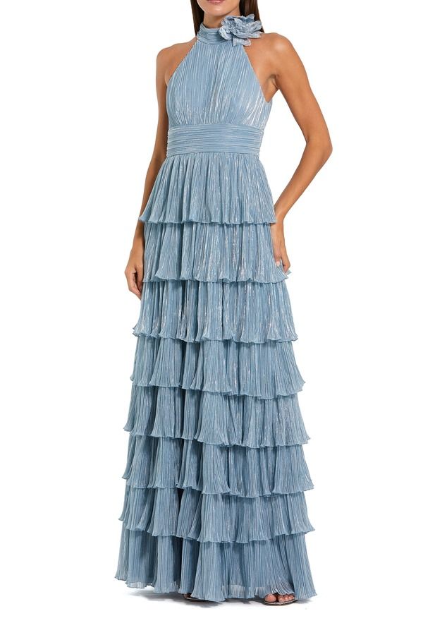 マックダガル レディース トップス ワンピース ティアード プリーツ トール Mac Duggal Pleated Metallic Tiered Gown with 3D Flower Powder