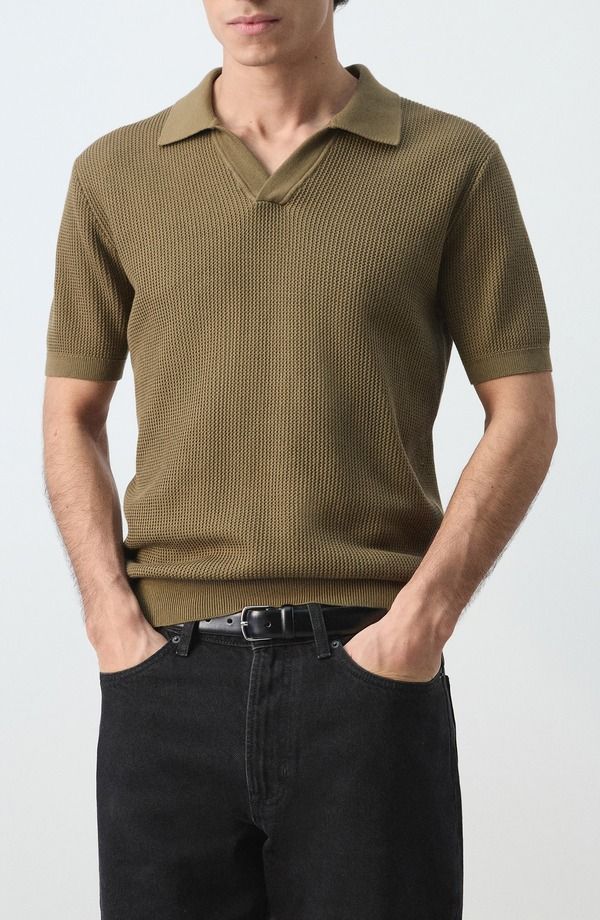マンゴ メンズ トップス ポロシャツ コットン MANGO Cotton Piqu Polo Khaki Green グリーン