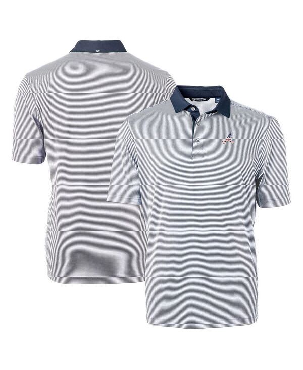 カッターアンドバック メンズ トップス ポロシャツ ロゴ Cutter Buck Mens Navy Atlanta Braves Americana Logo Virtueco Pique Stri