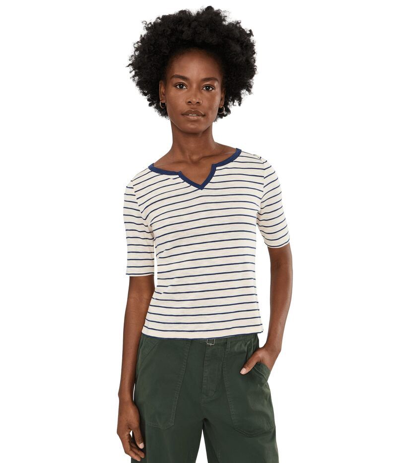ニックプラスゾーイ レディース トップス シャツ NICZOE Nzt Elbow Sleeve Stripe Notch Tee Indigo Multi インディゴ