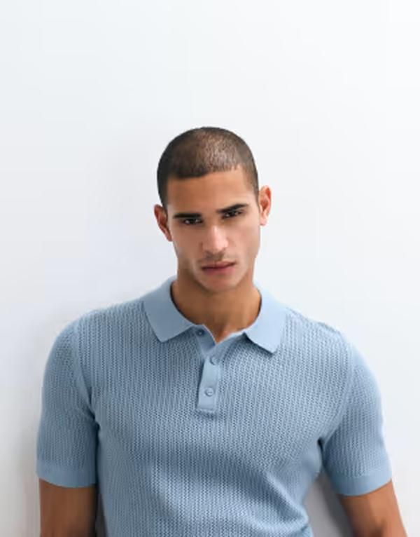 マンゴ メンズ トップス ポロシャツ ニット Mango pointelle knit polo shit in dusty blue ブルー