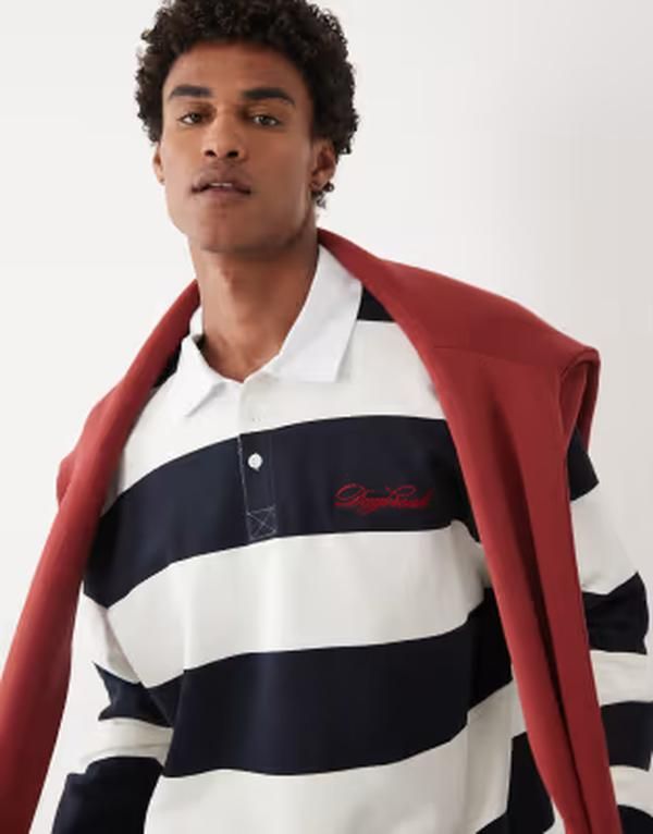 エイソス メンズ アウター パーカー・スウェット ポロシャツ ASOS DESIGN oversized rugby polo sweatshirt and white stripes NAVY ネイ