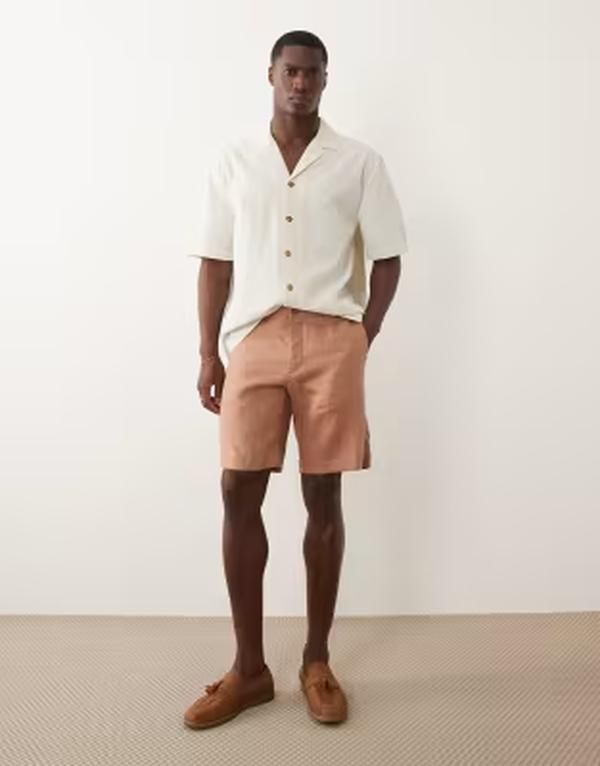 マンゴ メンズ ボトムス ハーフパンツ・ショーツ スリムフィット ショートパンツ リネン Mango 100 linen slim fit shorts in salmon サーモン