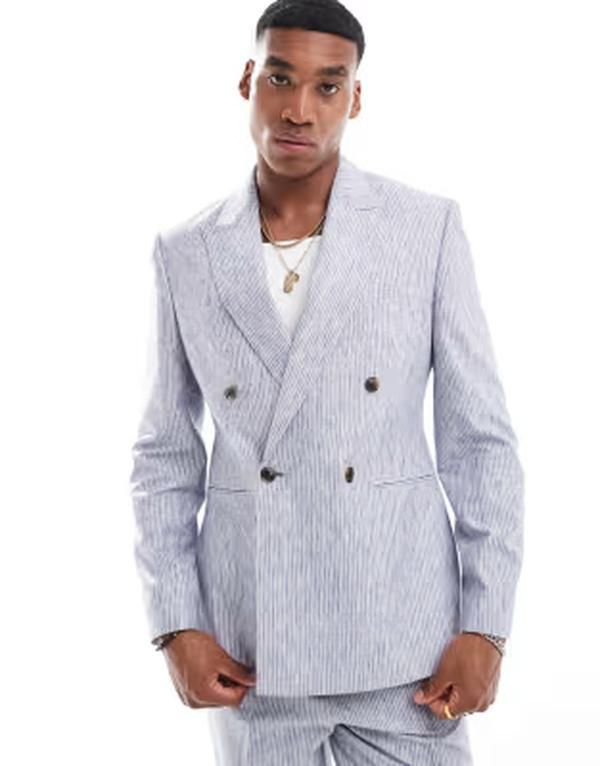 エイソス メンズ アウター ジャケット・ブルゾン リネン ASOS DESIGN slim double breasted suit jacket linen stripe BLUE ブルー