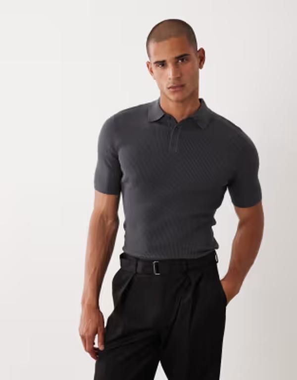 エイソス メンズ トップス ポロシャツ リブニット ASOS DESIGN Essential musclefit finerib knit polo in charcoal チャコール