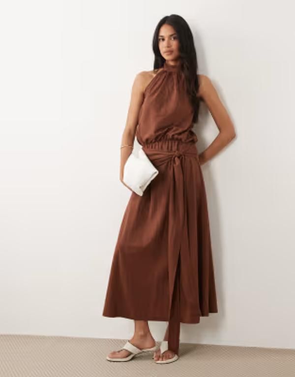 エイソス レディース トップス ワンピース リネン マキシ ホルター ASOS DESIGN linen look halter neck bubble hemaxi dress in chocola 16,635円