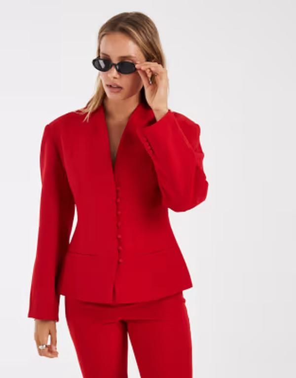 エイソス レディース アウター ジャケット・ブルゾン ブレザー ASOS DESIGN Tailo red collarless multi buttonipped blaze red レッド 27,548円
