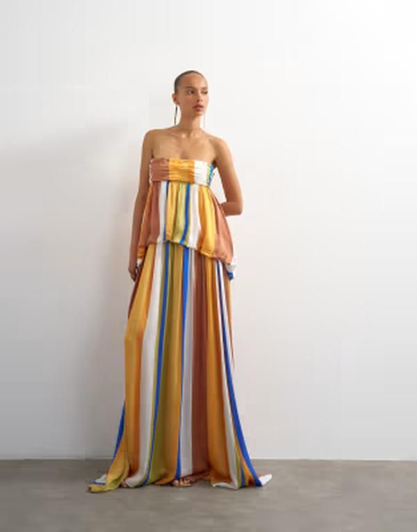 トップショップ レディース トップス ワンピース プリント サテン マキシ Topshopremium satin dropped waist bandeau maxi dress in stripe