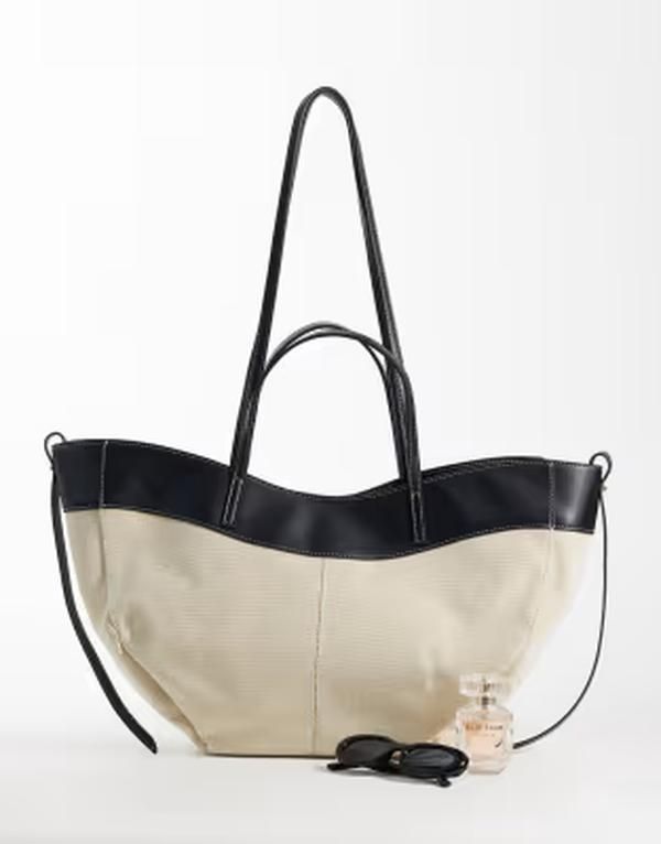 ジーナトリコ レディース バッグ レザー フェイクレザー Gina Tricot canvas tote bag with faux leather trim and Off whiteblack オ