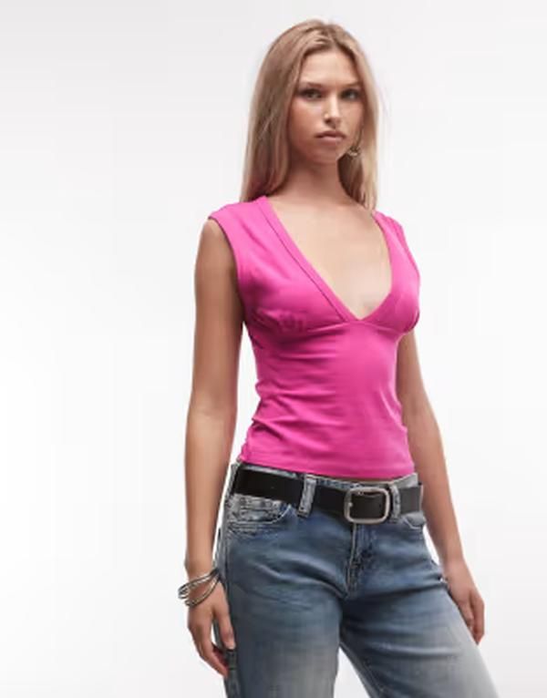 コルージョン レディース トップス ベスト Vネック COLLUSION deep vneck tank top in fuchsia Bright pink ピンク