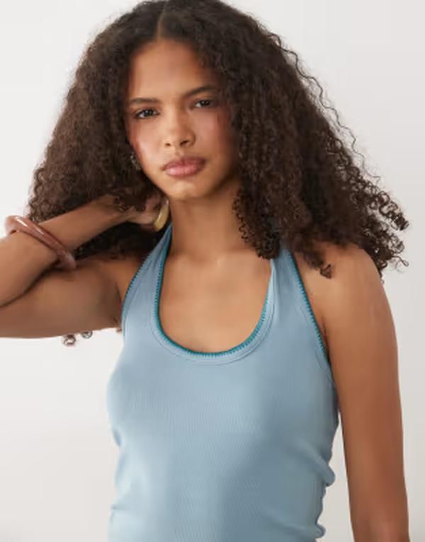 マンゴ レディース トップス シャツ コットン ホルター Mango Teen cotton richalterneck top with stitch detailing BLUE ブルー