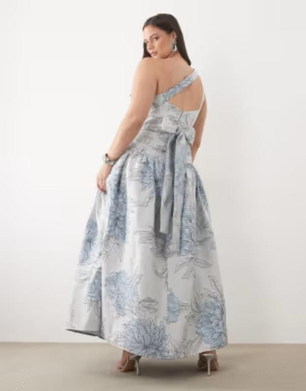 エイソス レディース トップス ワンピース ワンショルダー マキシ ASOS LUXE Curve jacquard maxi dress with oneshoulder detail Blue j