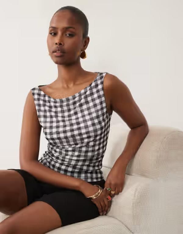 エイソス レディース トップス シャツ ギンガムチェック メッシュ シアー ギンガム ASOS DESIGN sheer mesh tank top gingham ブラック