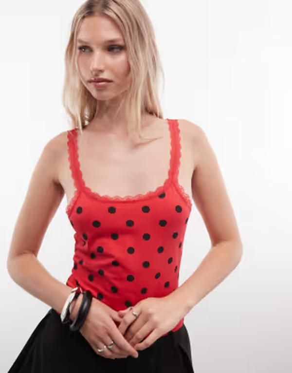 コルージョン レディース トップス シャツ レーストリム レース COLLUSION lace trim cami top in heathe red polka dot レッド