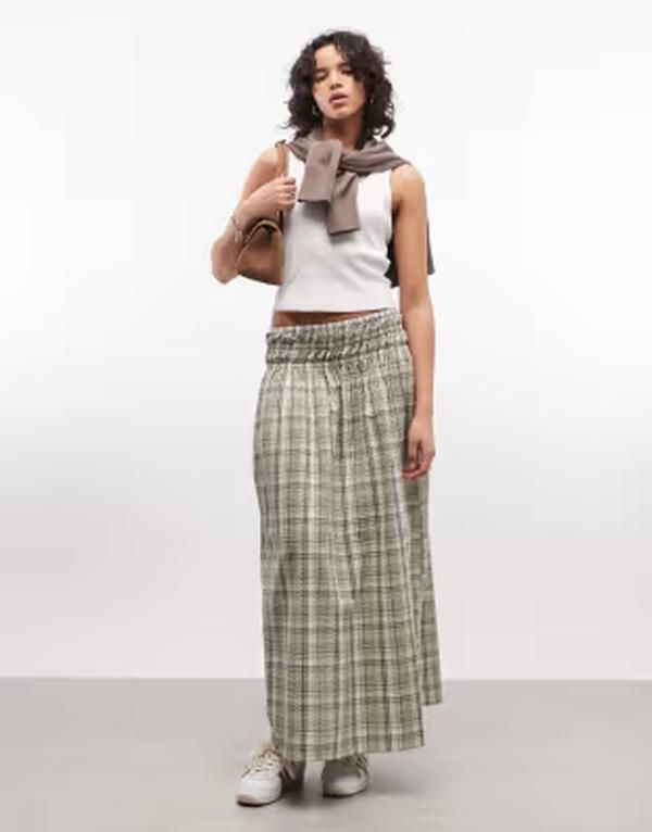 コルージョン レディース ボトムスカート マキシ COLLUSION shir red waistband maxi skirt plaid Green check グリーン