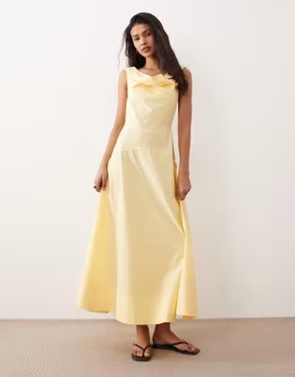 エイソス レディース トップス ワンピース ドレープ マキシ ASOS DESIGN heavy poplin maxi dress with draped neckline in butter ye