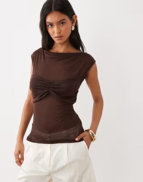 エイソス レディース トップス タンクトップ セミシアー ギャザー オーバーレイ シアー キャップ ASOS DESIGN soft semi sheer cap sleeve top with ru