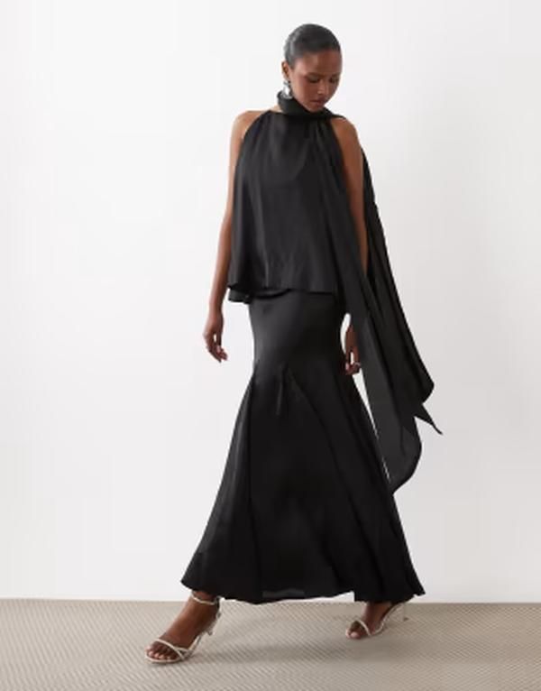 エイソス レディース トップス ワンピース ティアード マキシ ASOS DESIGN laye red tie red cami maxi dress with scarf detail Black