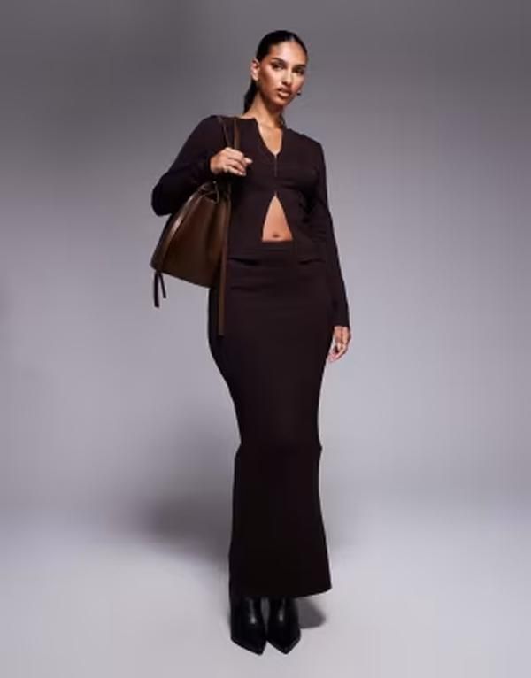 カイア レディース ボトムスカート ニット マキシ Kaiia knit column maxi skirt part of a set BROWN ブラウン