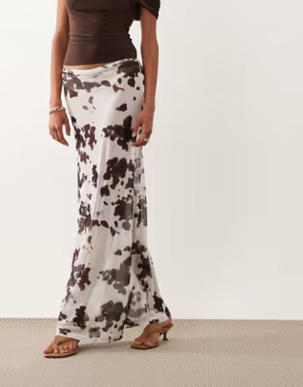エイソス レディース ボトムスカート プリント メッシュ シアー マキシ ASOS DESIGN sheer mesh maxi skirt in cow print Cow print エイソス レディース ボトムスカート プリント メッシュ シアー マキシ ASOS DESIGN sheer mesh maxi skirt in cow print Cow print