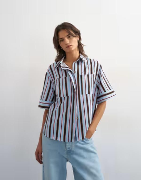 トップショップ レディース トップス タンクトップリント シャツ Topshop camp collar boxy shirt striped print Blue stripe ブルー
