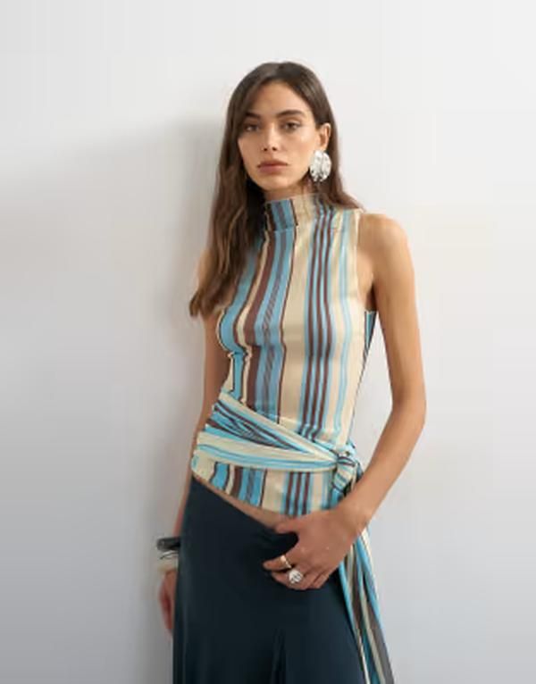 トップショップ レディース トップス タンクトップ ハイネック Topshop striped high neck tank BLUE ブルー