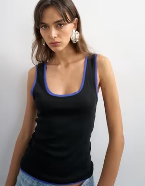 トップショップ レディース トップス ベスト メッシュ コントラスト Topshop scoop tank top with contrast mesh tipping and Black Blue