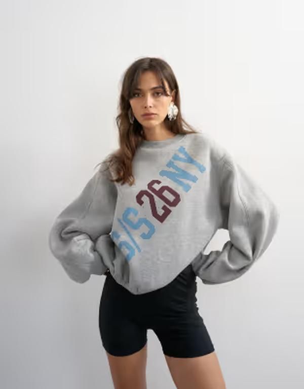 トップショップ レディース アウター パーカー・スウェット プリント Tシャツ グラフィック Topshop elastic hem NY graphic printshirt Gray グレー