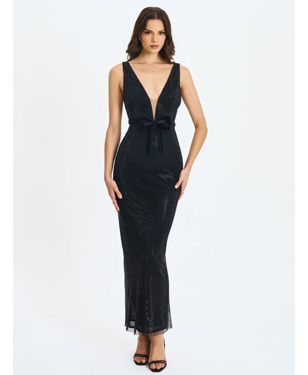 ミスサークル レディース トップス ワンピース マキシ Miss Circle Womens Olympia Belted Bow Plunging Rhinestone Maxi Dress Bla