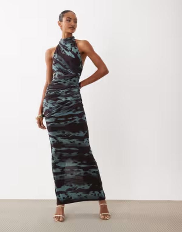 エイソス レディース トップス ワンピース プリント メッシュ マキシ ホルター ASOS DESIGN mesh twist bust detail halter maxi dress with t