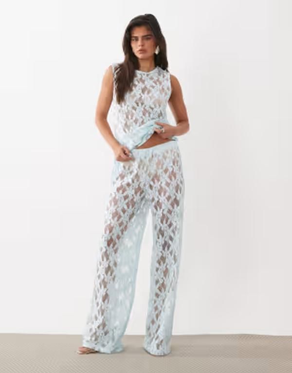 エイソス レディース ボトムス カジュアルパンツ ワイドレッグ レース ASOS DESIGN lace wide leg pants in pale blue part of a set Pale
