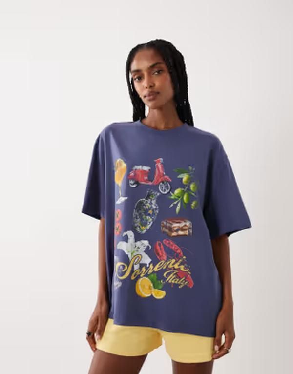 エイソス レディース トップス Tシャツ グラフィック ASOS DESIGN oversized Tshirt with Sorrento essentials graphic BLUE ブルー
