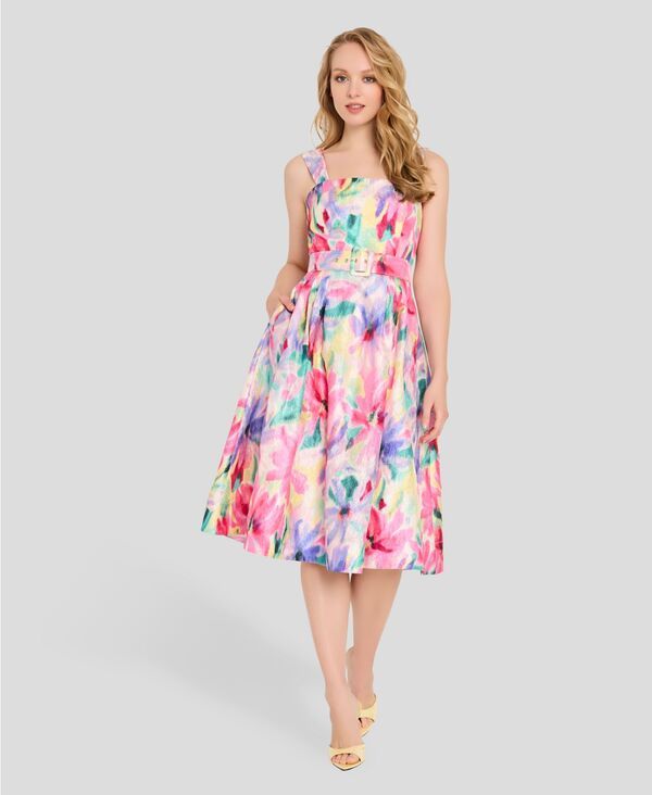 タハリエーエスエル レディース トップス ワンピース ミディ Tahari ASL Womens Crinkle Belted Square Neck Midi Dress Ivory Multi ア