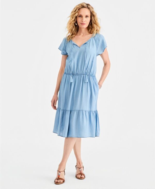 スタイルアンドコー レディース トップス ワンピース ティアード Style Co Womens Tie red Chambray Dress Anna Wash