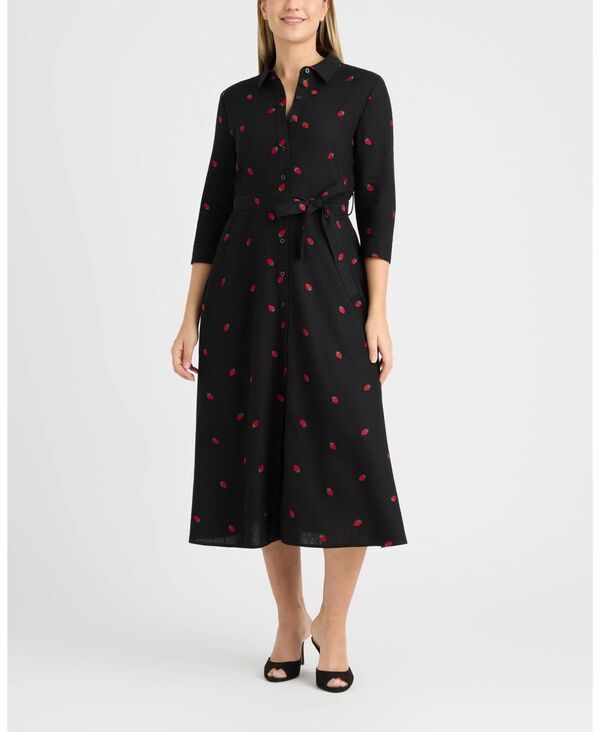 エレントレイシー レディース トップス シャツ リネン Ellen Tracy Womens Linen Belted Embroidery Detail Shirt Dress Blackred ブ