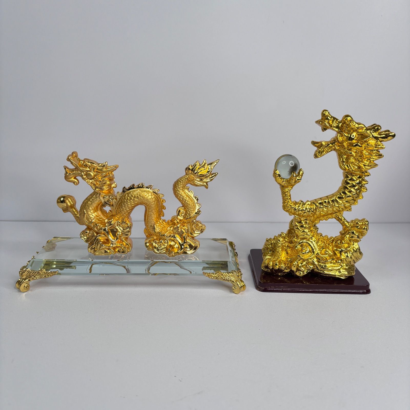 美品 風水 金龍 龍神 置物 2体セット 宝珠 開運 金運 辰年 干支 縁起物