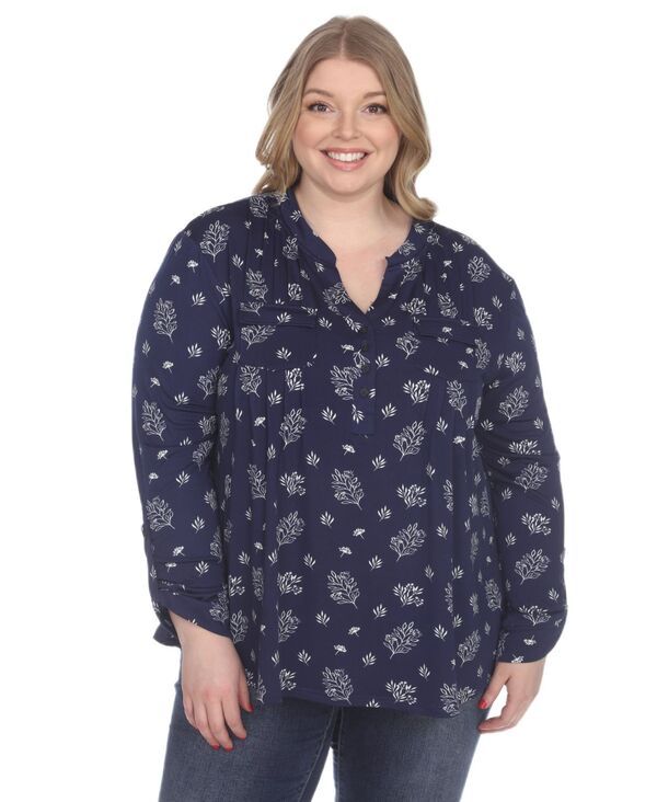 ホワイトマーク レディース トップス シャツ プラスサイズ プリント 長袖 White Mark Plusize Printed LongSleeve ButtonFrontop Navy ネイビー