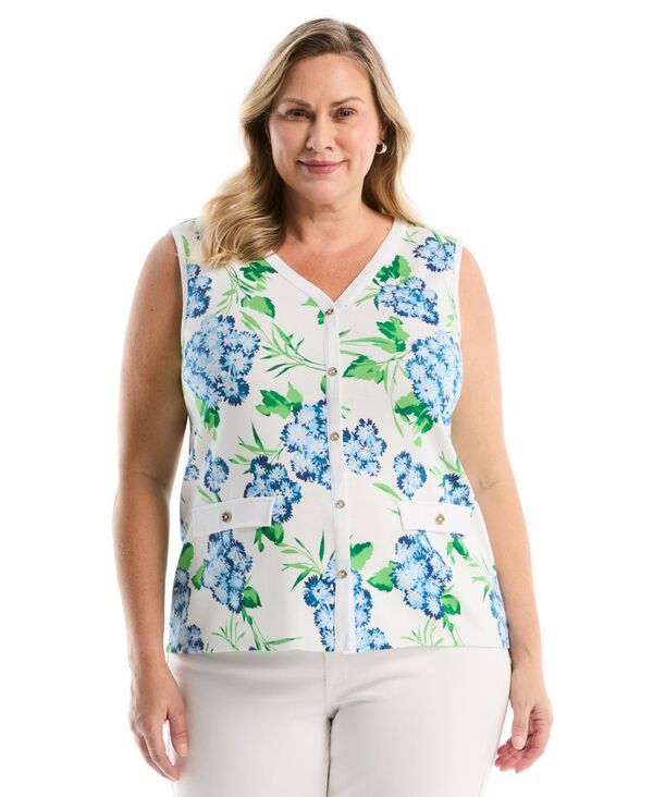 ラファエラ レディース トップス タンクトップ フラワー柄 プラスサイズ プリント ノースリーブ フラワー Rafaella Plusize Pom Floral Print ButtonFront