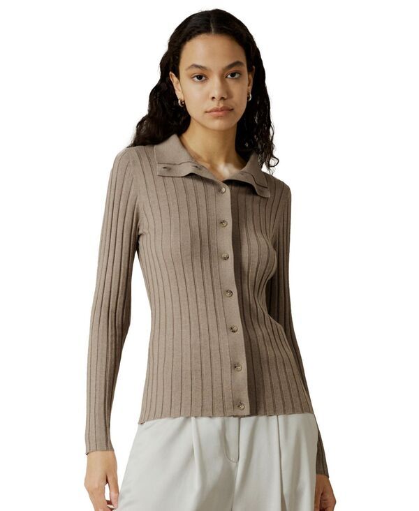 リリーシルク レディース アウター ニット・セーター リブ カーディガン LILYSILK Womens Ribbed SilkCashmere Blend Cardigan Dark camel キ