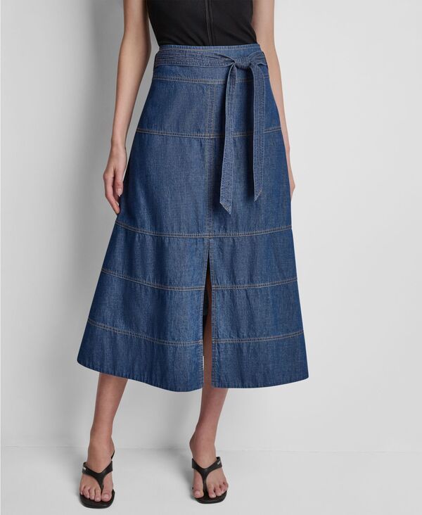 ダナ キャラン ニューヨーク レディース ボトムスカート ミディ コントラスト コットン DKNY Womens TieWaist Contrastitch Cotton Midi Skirt Cro