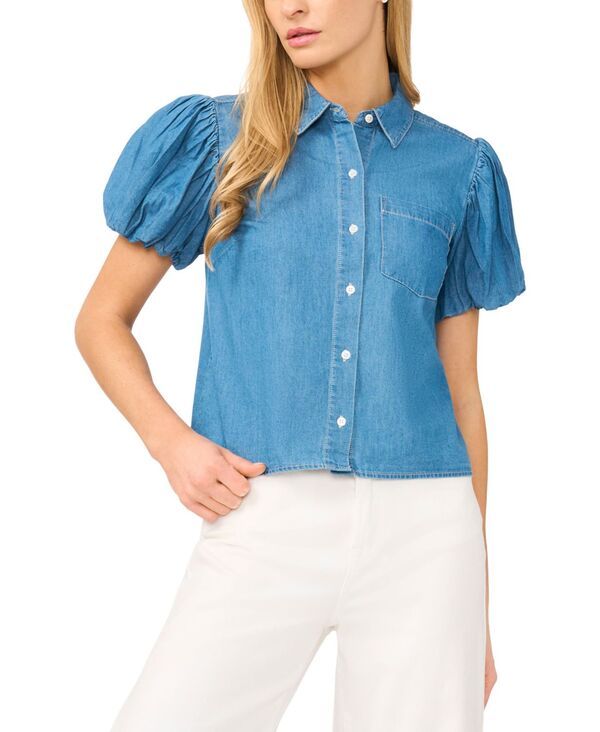 セセ レディース トップス シャツ パフスリーブ コットン CeCe Womens Colla red PuffSleeve ButtonUp Cotton Top Light Indigo インディ