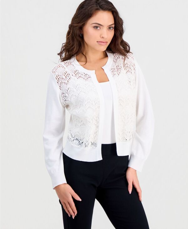 ロビー・ビー レディース アウター ニット・セーター プチ 長袖 Robbie Bee Petite Crochet OpenFront LongSleeve Shrug Ivory アイボリー