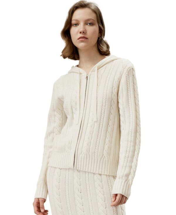 リリーシルク レディース アウター ニット・セーター ウール パーカー LILYSILK Womens Bela CableKnit WoolCashmere Blend Hoodie White ホ