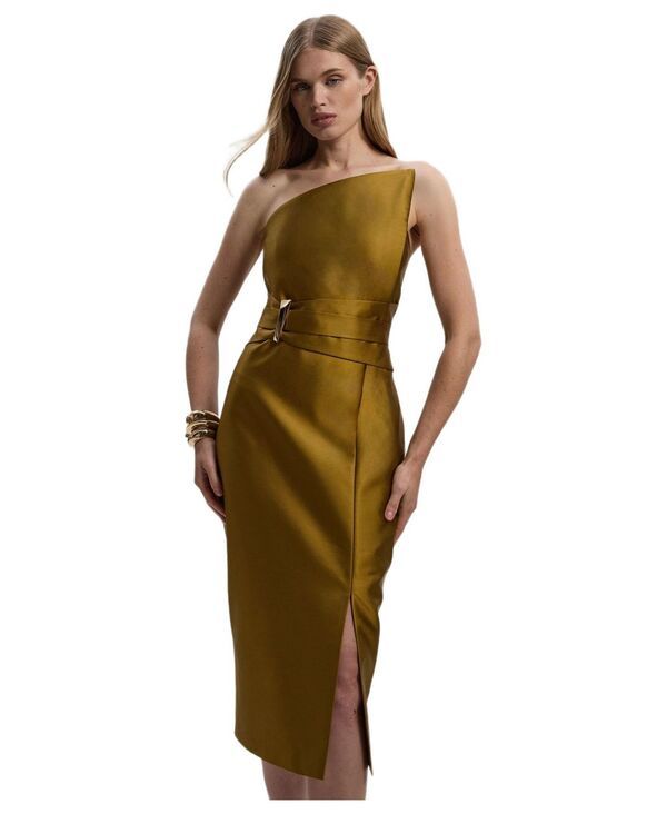 カレンミレン レディース トップス ワンピース アシンメトリー ミディ サテン Karen Millen Womensatin Twill Asymmetric Neck Midi Dress Gol