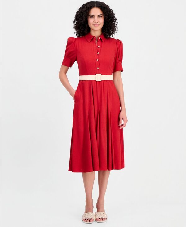 タハリエーエスエル レディース トップス ワンピース 半袖 リネン Tahari ASL WomenshortSleeve Belted Linen Blendress Baked Red レッド
